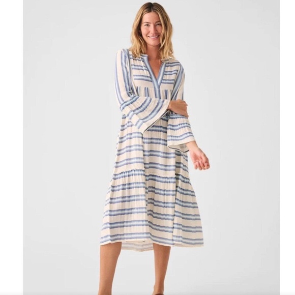 Faherty Dresses & Skirts - Faherty Dream dress Cotton Gauze Vida Midi Blue Baja Large Boho Beach Stripe XS